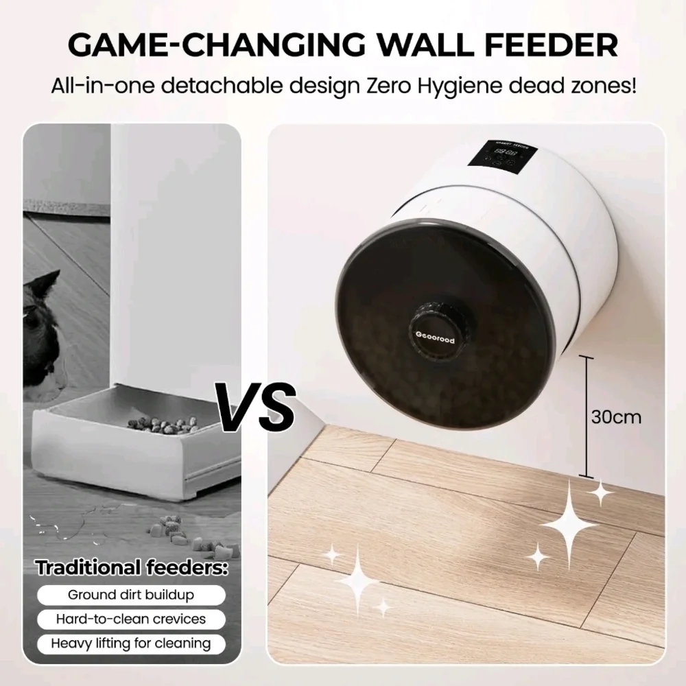 Wall-Mounted Pet Auto Feeder, 10mm Clog-Free, 2.4G/5G WiFi, Dual Power (WHITE)